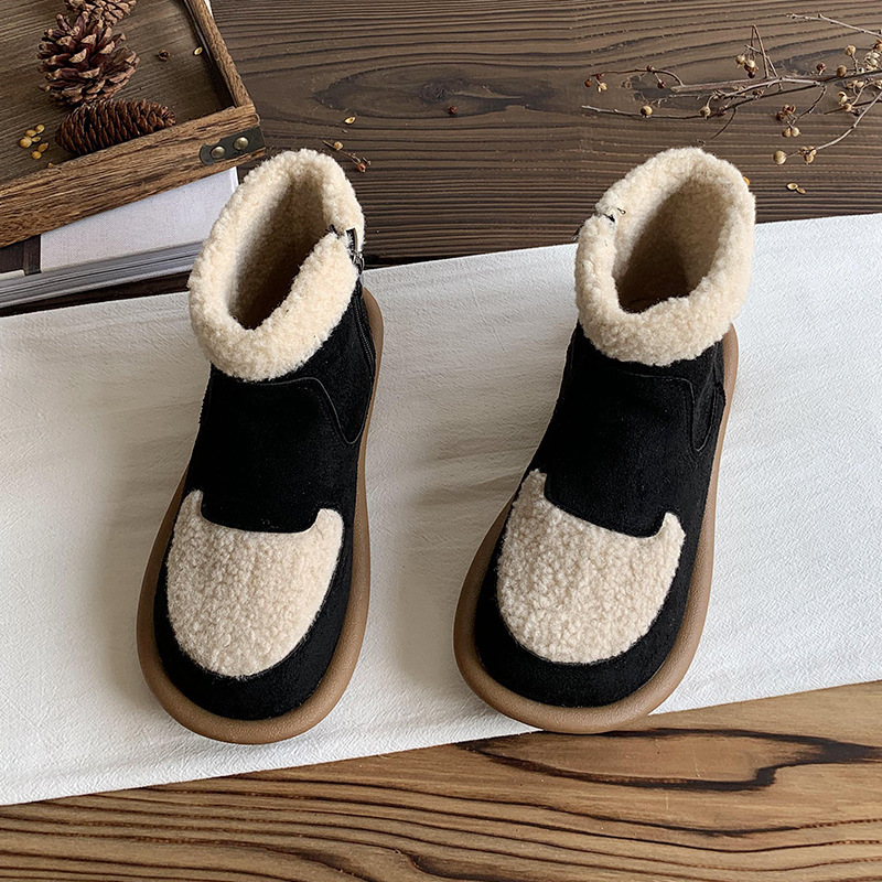 Women's Fahshion Boots:Anti Slip Snow Boots Suede Short Boots 2024 New Trendy Flat Bottom Winter Warm,Apricot/Black,Free shipping