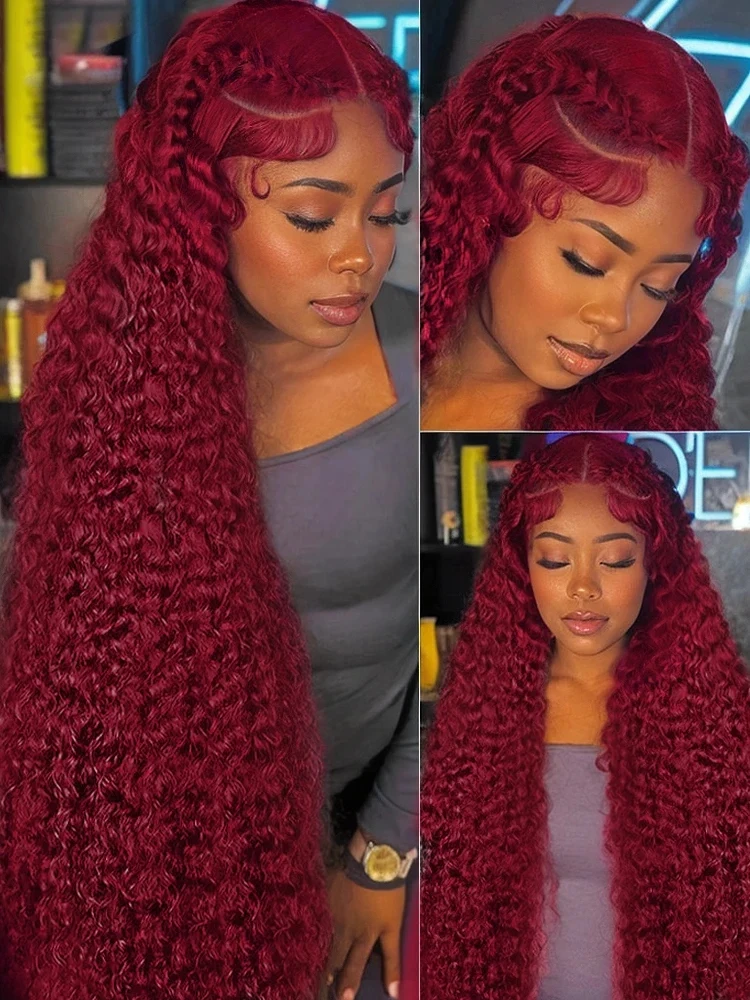 Free shipping 250 Density Peruvian Soft 30 40 Inch 99J Bury Deep Wave 13x4 Front Human Hair Wig 360 Lace Frontal Red Curly Wigs Synthetic for Women