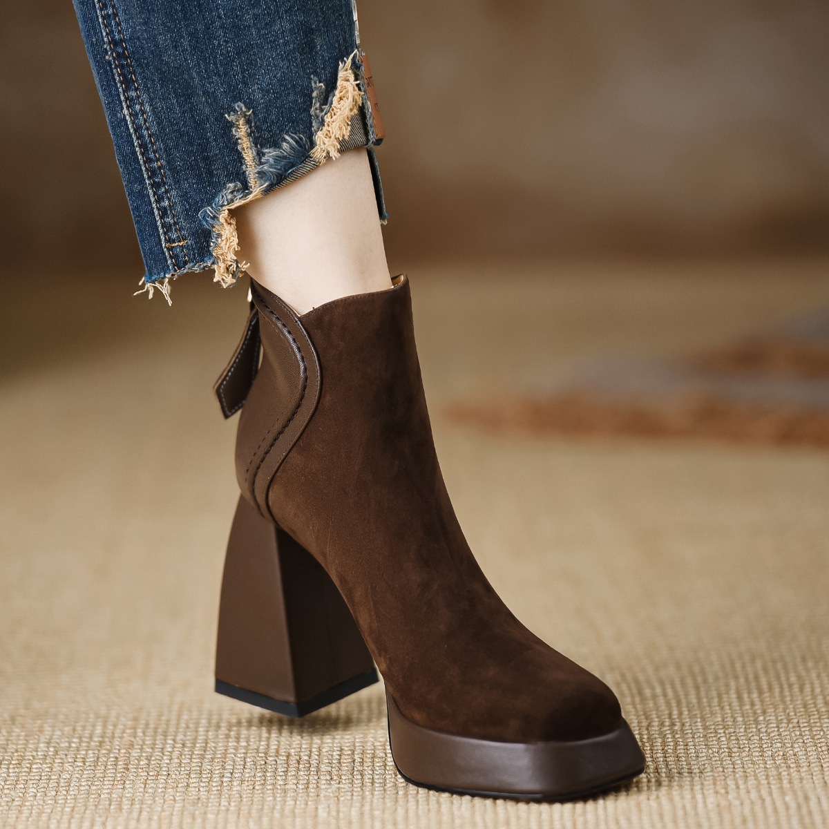 Women's Fashion Boots:NewTrendy High Heel Chunky Heel Round Toe Simple Design Versatile,Black/Coffee,Free shipping