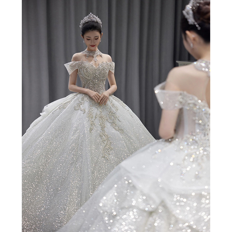 Sexy Bling For Women 2024 Crystals Beaded Tulle Backless Beach Boho Wedding Gown Vestidos De Novia Bridal Dresses Sheer Neck Wed Gowns 0510