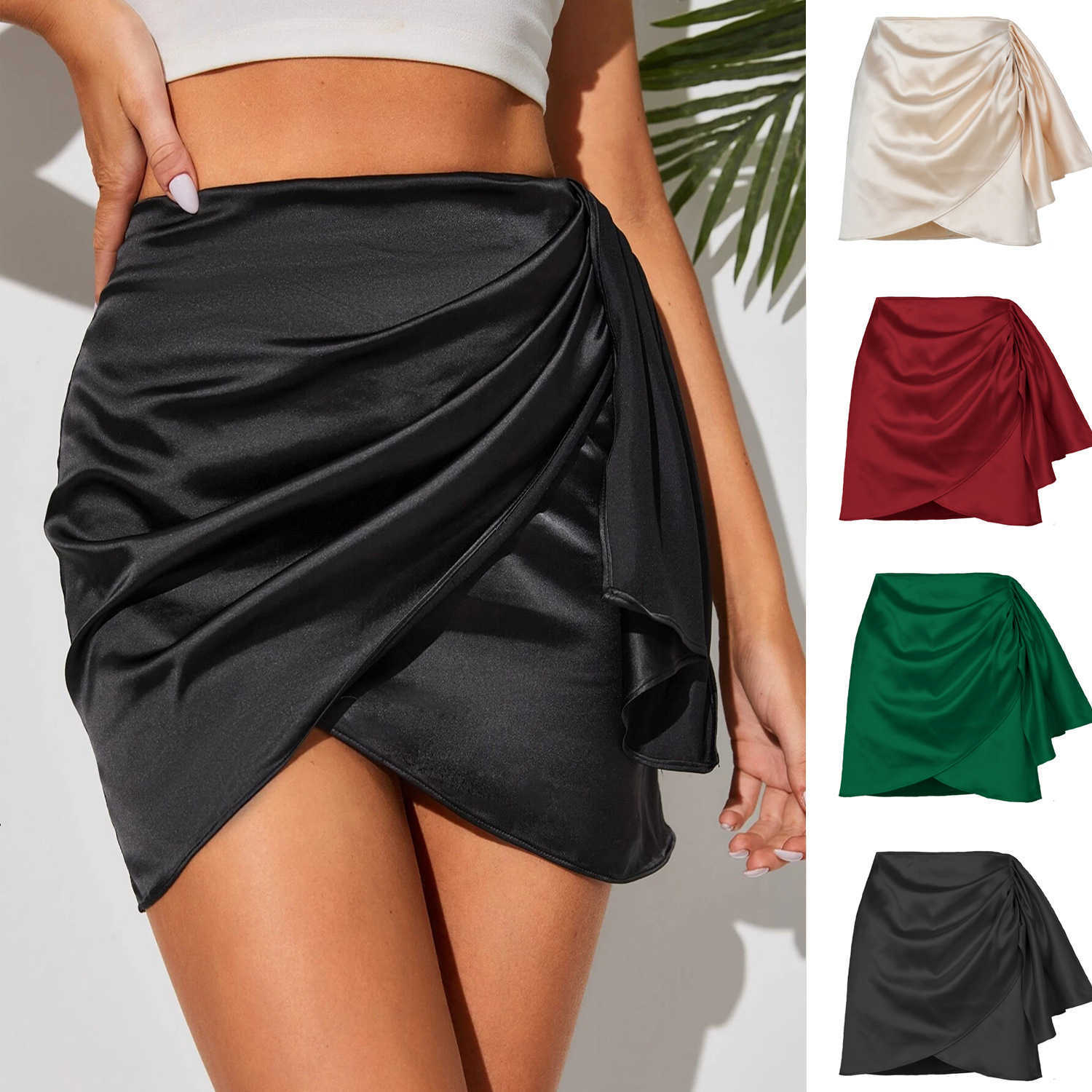 Women Black Skirts Length Adult Career Skirts Summer Irregular Zipper Skirt Pleat Positioning Solid Color Satin High Waist Skirt 241023