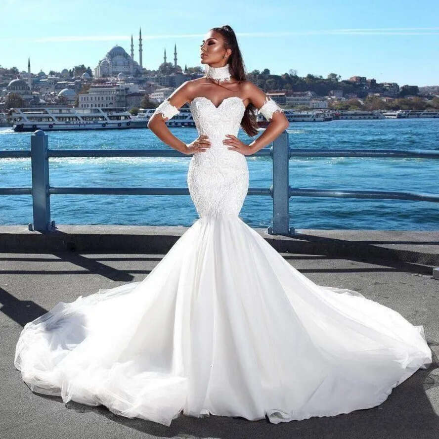 Long Beach Chapel Train Wedding Dresses White Lace Tulle Sexy Backless Sweetheart Neck Vestido De Noiva Bridal Gowns