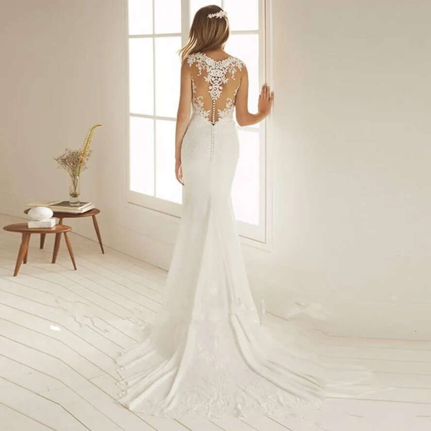 Mermaid Dresses Beach Lace Applique Illusion Bodice Bohemian Wedding Dress Bridal Gown Vestido De Noiva With Buttons