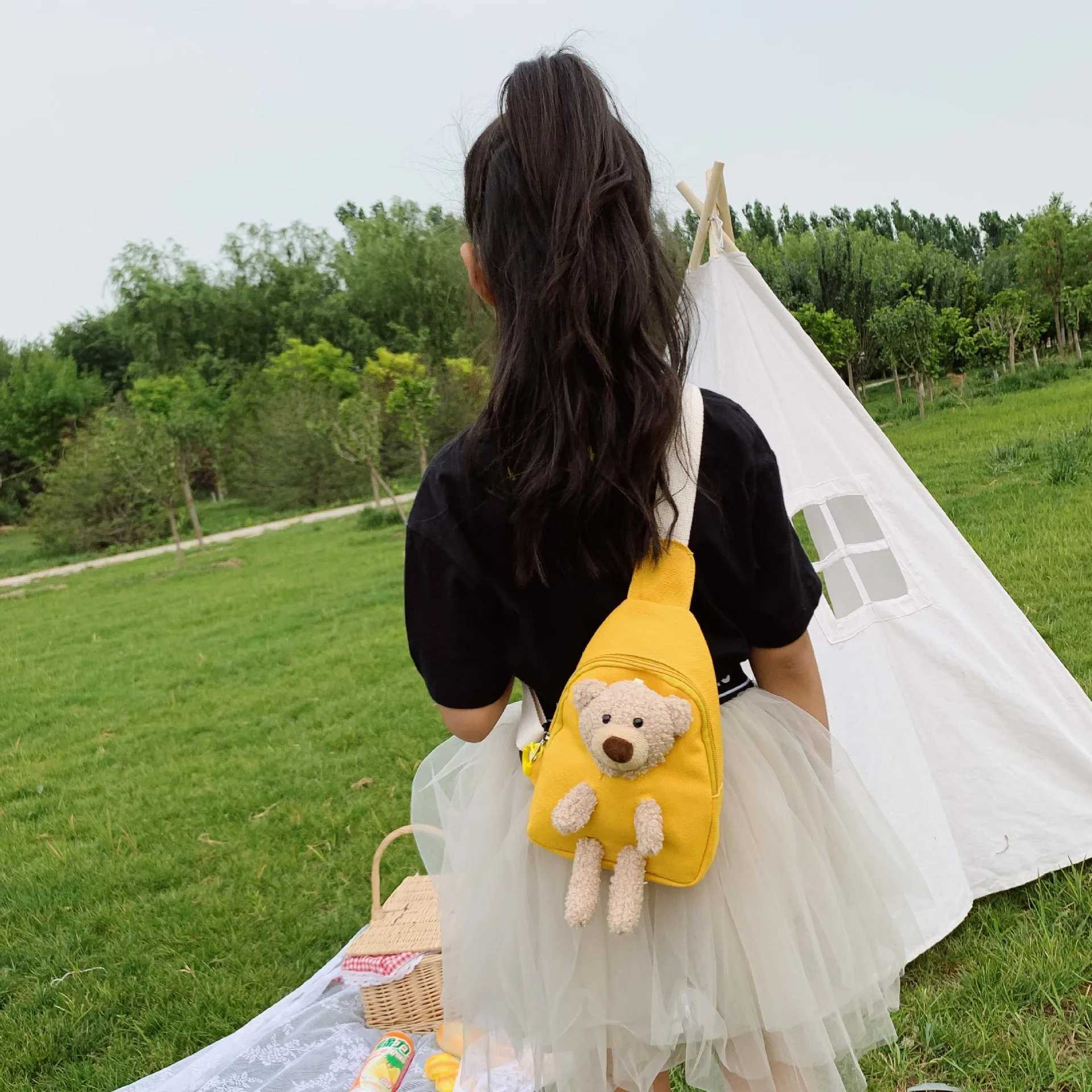 2023 New Childrens Plush Bag Cute Plush Bear Chest Bag Crossbody Bag Korean Boys Girls Mini Canvas Bag LX241104