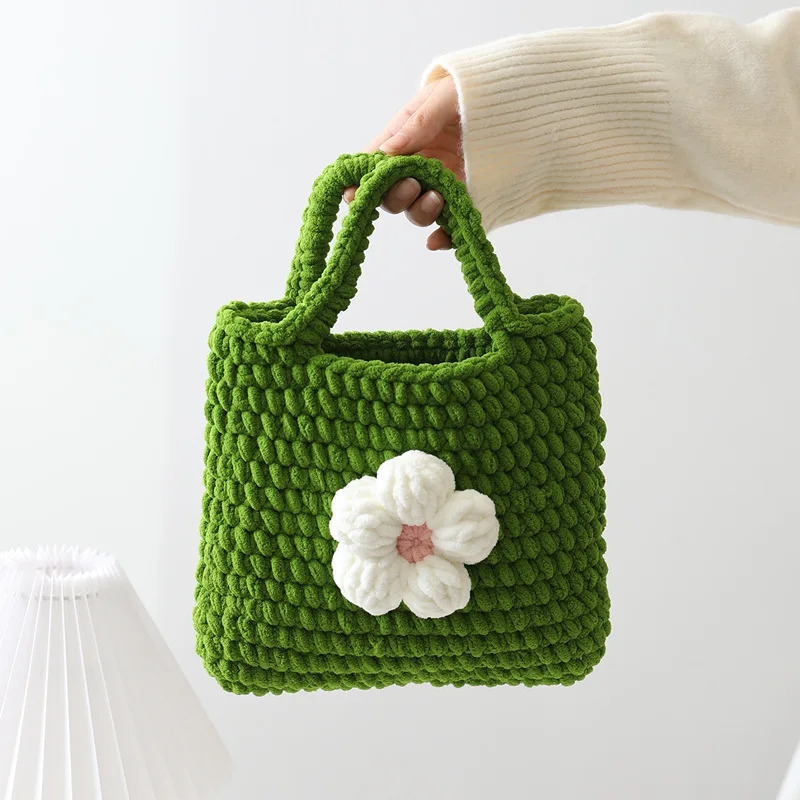 Crochet Knitted Handbag Womens Bag Puff Flower Finished Sweet Flower Handwoven Bag Ice Bar Thread 240320
