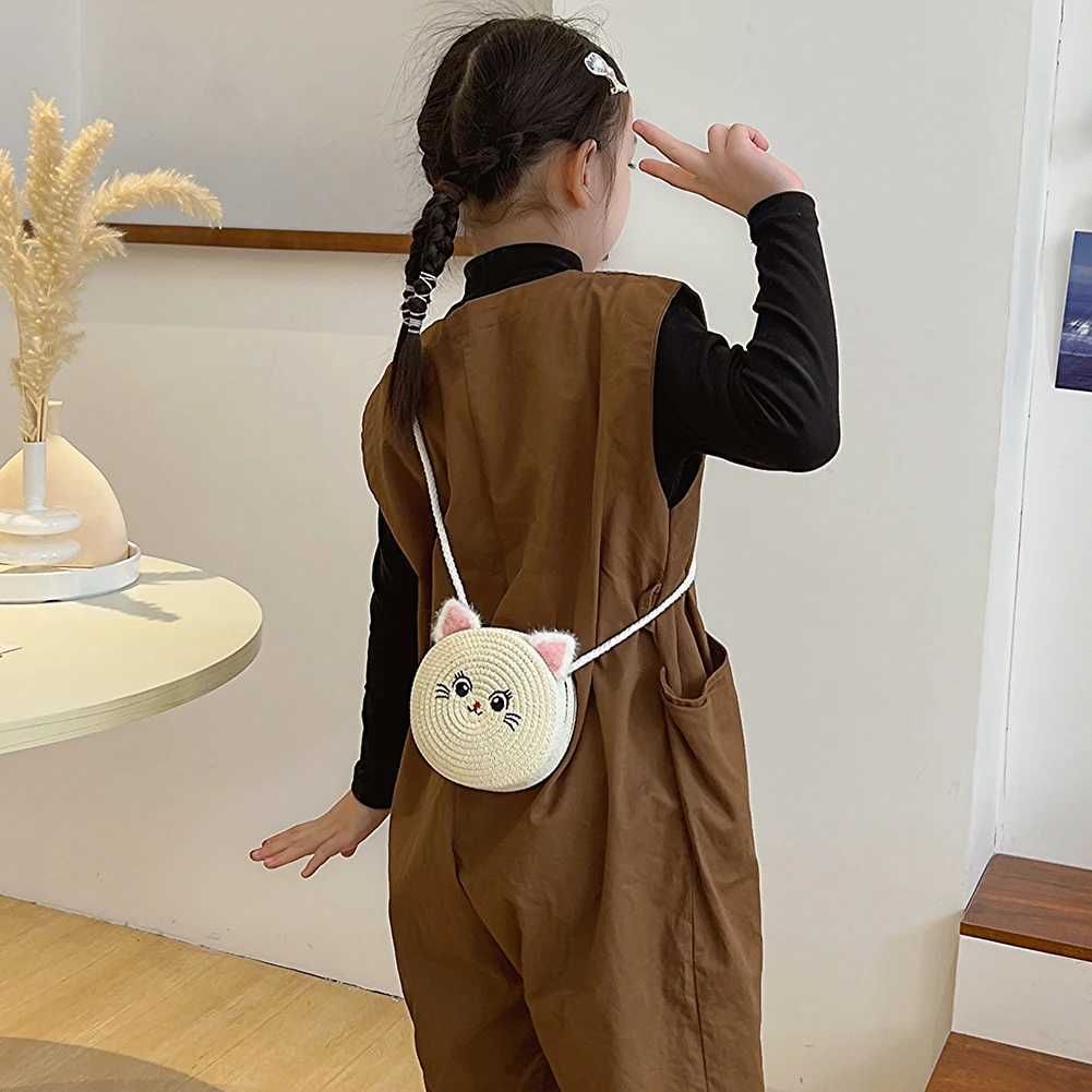 Cute Cat Beach Bag for Kids Fashion Small Round Straw Bag Casual Handmade Woven Shoulder Bag Solid Color Zipper Crossbody Bag LX241104