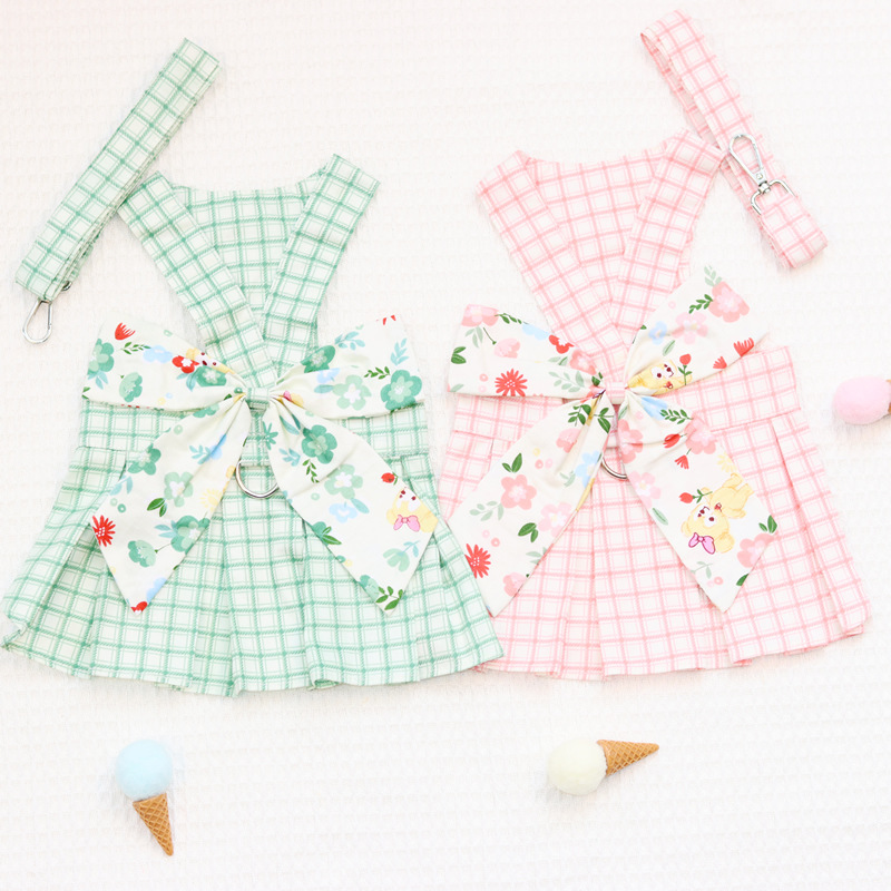 Coolgle Pet Dog Clothes Supplier Pink Green Harness Clothes Matching Dog Leash Cotton Pet Clothes Spring Summer Dog Dress