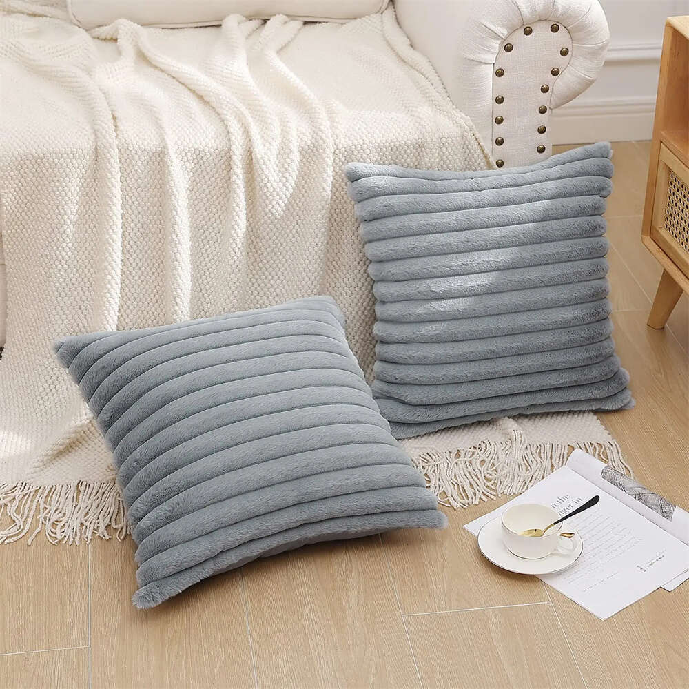 Homaxy Faux Rabbit Fur Case 50x50cm Soft Fluffy Striped Cushion 45x45 Home Decor Pillow Cover For Sofa