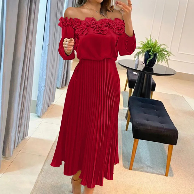 Elegant shoulder pleated party dress red long sleeved waist womens A-line dress spring/summer casual pleated office dress 241031