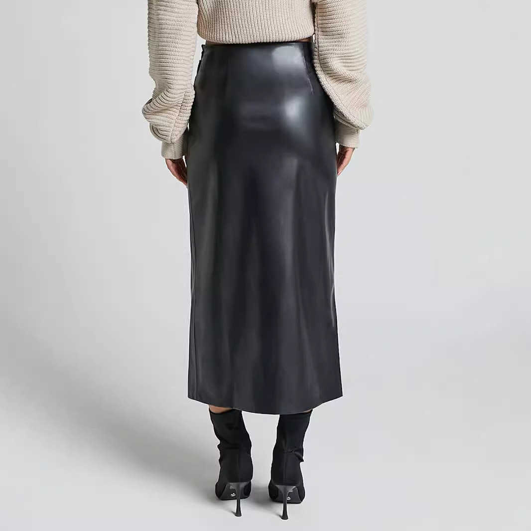Autumn And Winter Pu Leather Skirt High Waisted Zipper Black Skirts Half Split Skirt Slim Fit Hip Hugging Long Skirt For Women Skirt 241023
