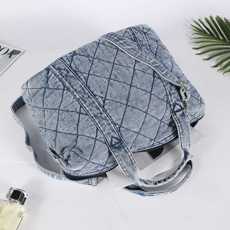CMM washed denim large capacity embroidered tote bag shoulder bag student return to school travel bag 241115