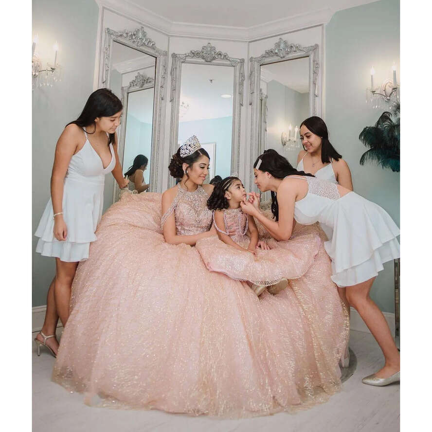 Bg Rose Gold Pink Sequined Lace Quinceanera Dresses High Neck Crystal Beading Off Shoulder Ball Gown Vestidos De Dress Guest Corset Back Tulle