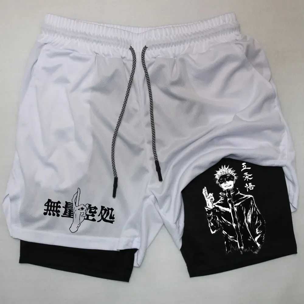Anime Jujutsu Kaisen 2 In 1 Performance Shorts Gojo Satoru Print Sportswear Men GYM Training Workout Male Fitness Sport ShortsXJ241104