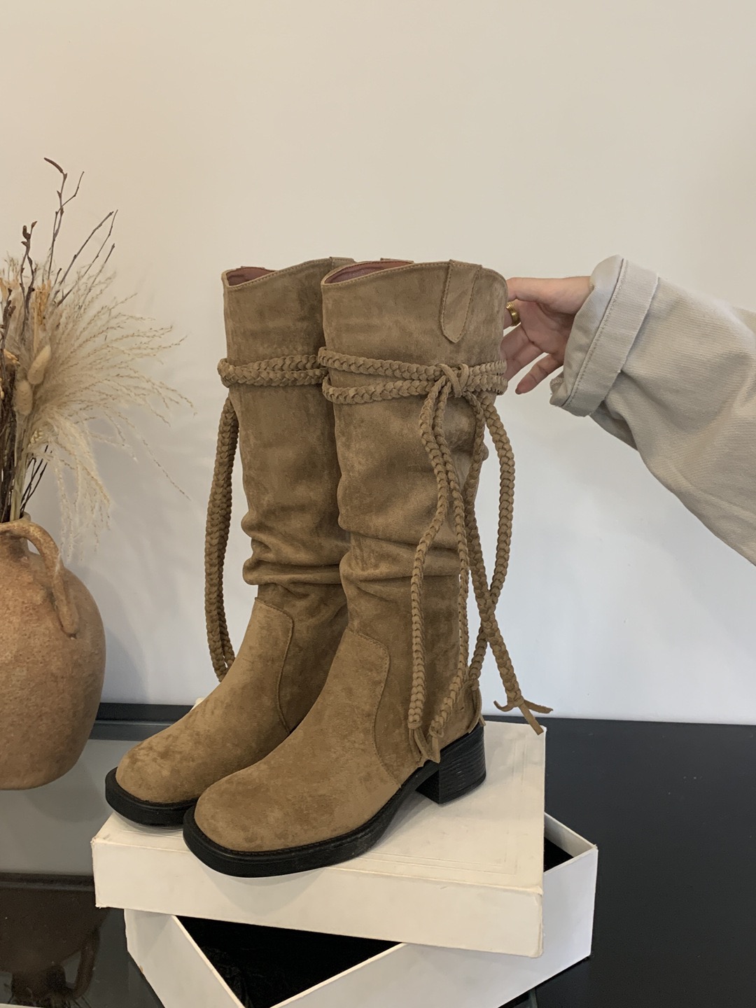 Solid Color Hemp Rope Cross Strap Pointed Thick Heeled Long Autumn Winter New Punk Rock New Style Women Knee High Boots 35-39