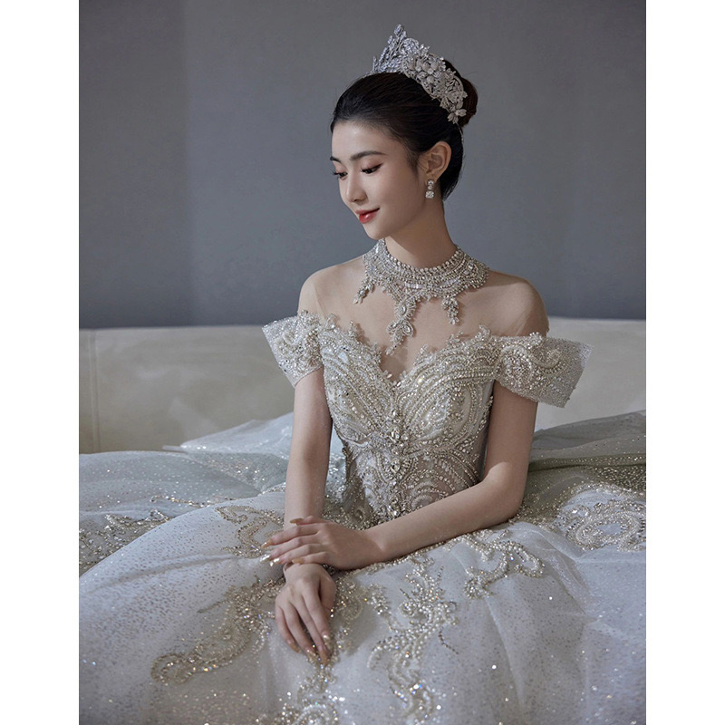 Sexy Bling For Women 2024 Crystals Beaded Tulle Backless Beach Boho Wedding Gown Vestidos De Novia Bridal Dresses Sheer Neck Wed Gowns 0510