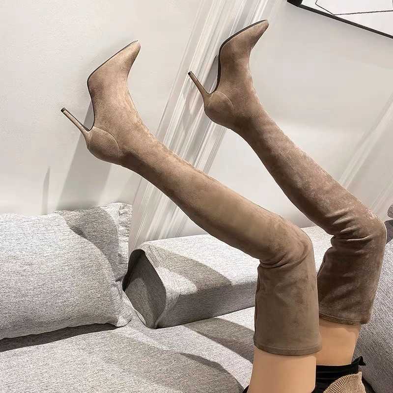 CMM Sharp Pointed High Heeled Long Boots for Women Autumn and Winter New Item Black Suede Elastic Slim Boots Knee High Elastic Boots Slim Heels