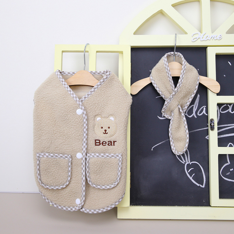 Pet Clothes Supplier Autumn Winter Small Dogs Clothes Coral Fleece Matching Scarf Cartoon Dog Vest Clothes