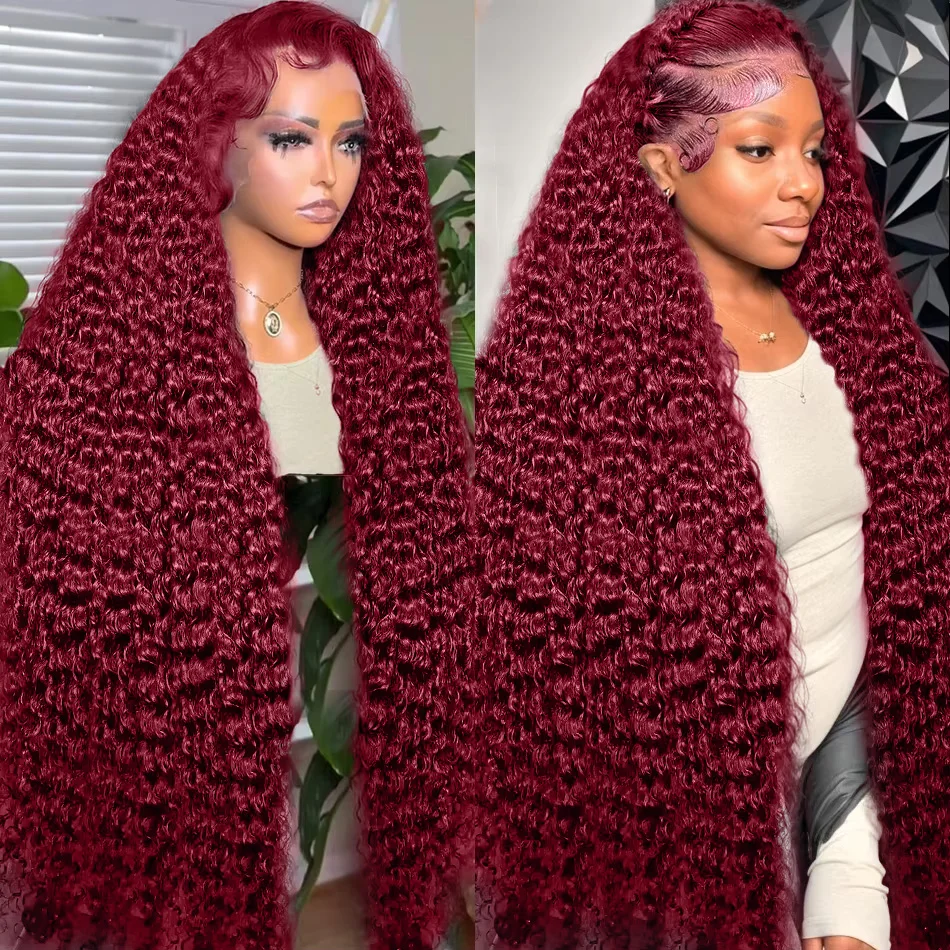 Free shipping 250 Density Peruvian Soft 30 40 Inch 99J Bury Deep Wave 13x4 Front Human Hair Wig 360 Lace Frontal Red Curly Wigs Synthetic for Women