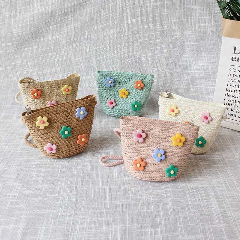 Summer Childrens Straw Woven Messenger Bag Lovely Girls Small Coin Purse Handbags Baby Kids Mini Shoulder Bags Princess Wallet LX241104