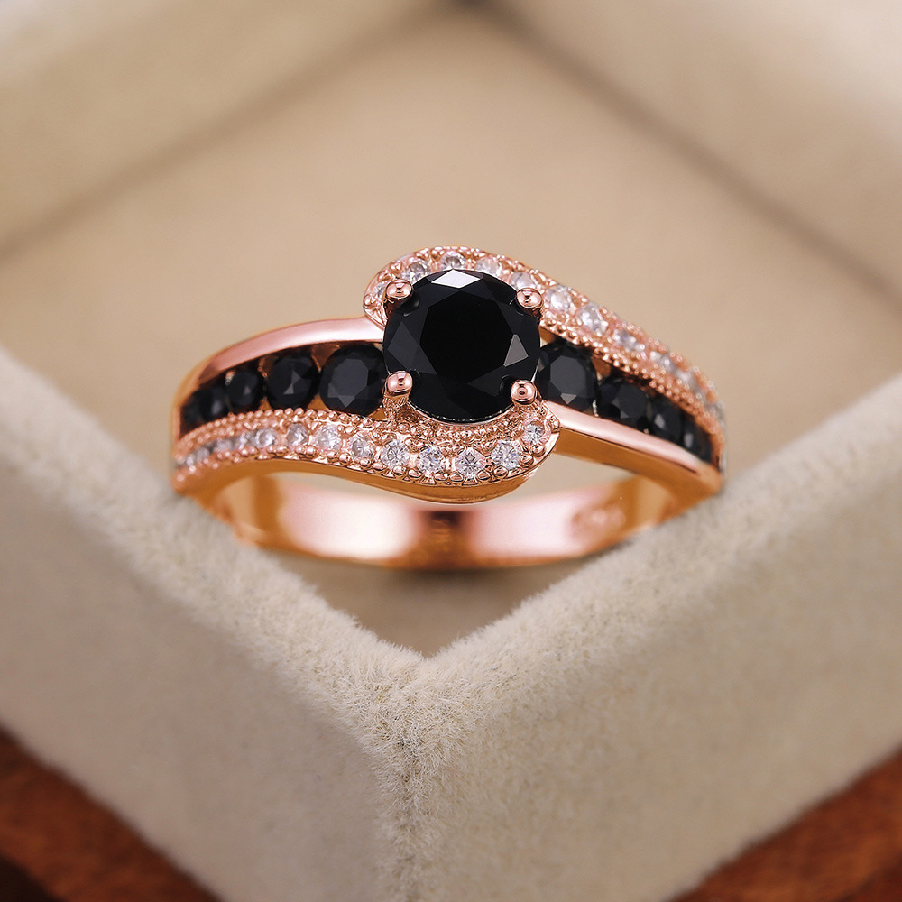 Solitaire Ring Classic 925 Sterling Silver Black Zircon Ring Women Round Crystal 18K White Gold Ring Luxury Wedding Jewelry Holiday Gift