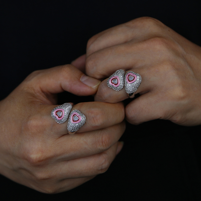 Colorful Enamel Heart Cubic Zirconia Adjustable Finger Rings
