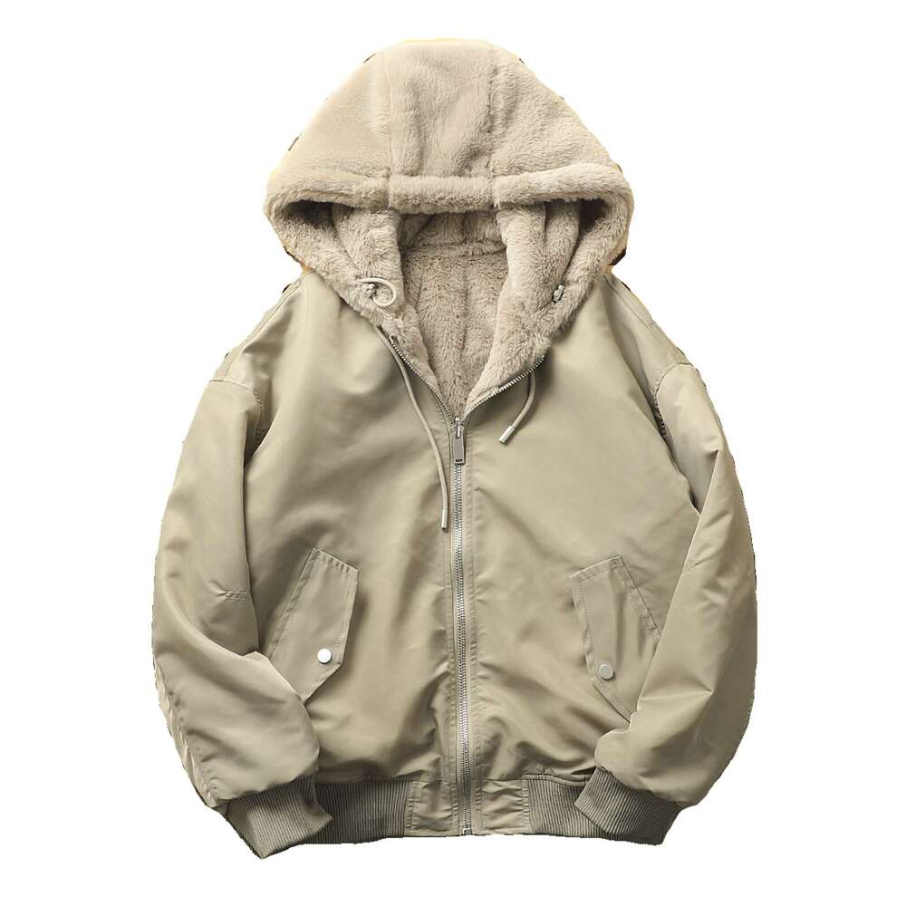Two Sided Rabbit Plush Inner Winter Men's Thick Warm Bomber Jacket Light Lamb Wool Padded Coat Unisex Hooded Parkas
