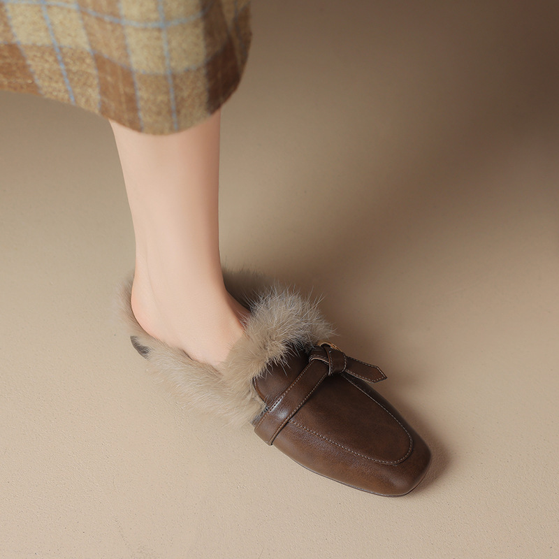 Women's Fashion Slippers:Winter New Trendy Fleece Warm Square Toe Flat Bottom Comfort,Black/Brown,Free shipping