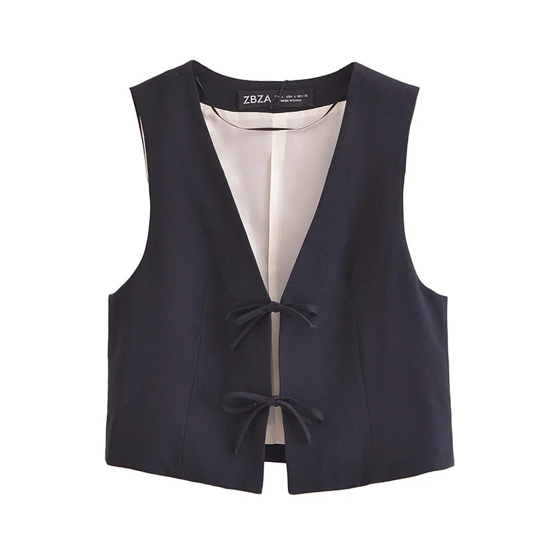 Willshela Women Fashion Solid Bow Lace Up Sleeveless Jacket Vintage VNeck Vest Female Office Lady Waistcoats 241104