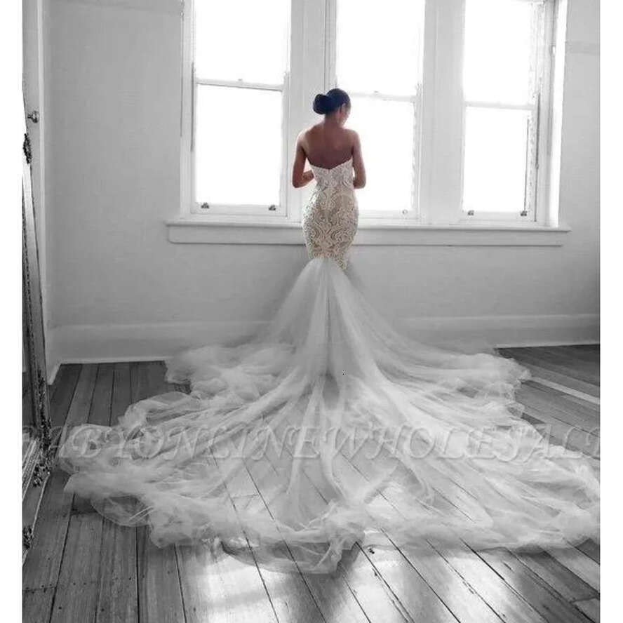 Gorgeous Mermaid Full Wedding Dresses Sweetheart Neck Tulle Sweep Train Lace Appliques Bridal Gowns Vestido De Novia