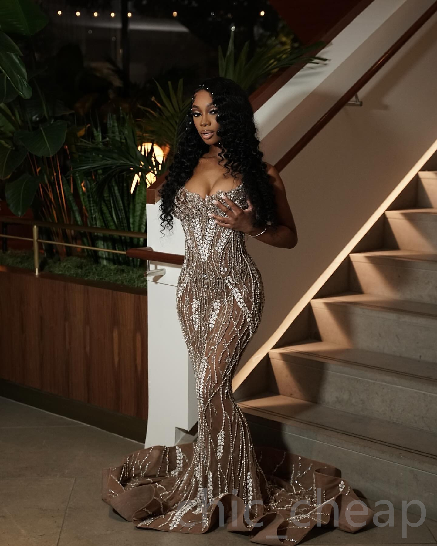 2024 Plus Size Brown Illusion Mermaid Prom Dresses For Special Occasions Rhinestones Lace Beaded Evening Party Birthday Gowns Dress For Women Vestidos