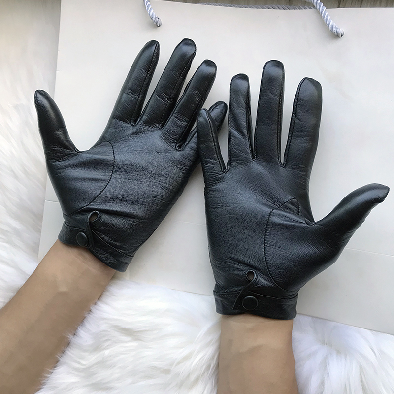 Men's Unlined Luxury Leather Gloves Women's Short gloves Wrist Button Goat Leather Winter Warm Driving Touch Screen Fit Gloves Femal Black g