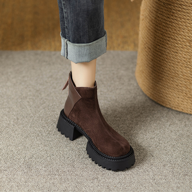 Women's Fashion Boots:Retro Round Toe Thick Sole Short Boots Winter New Trendy Versatile Martin Boots,Black/Brown,Free shipping