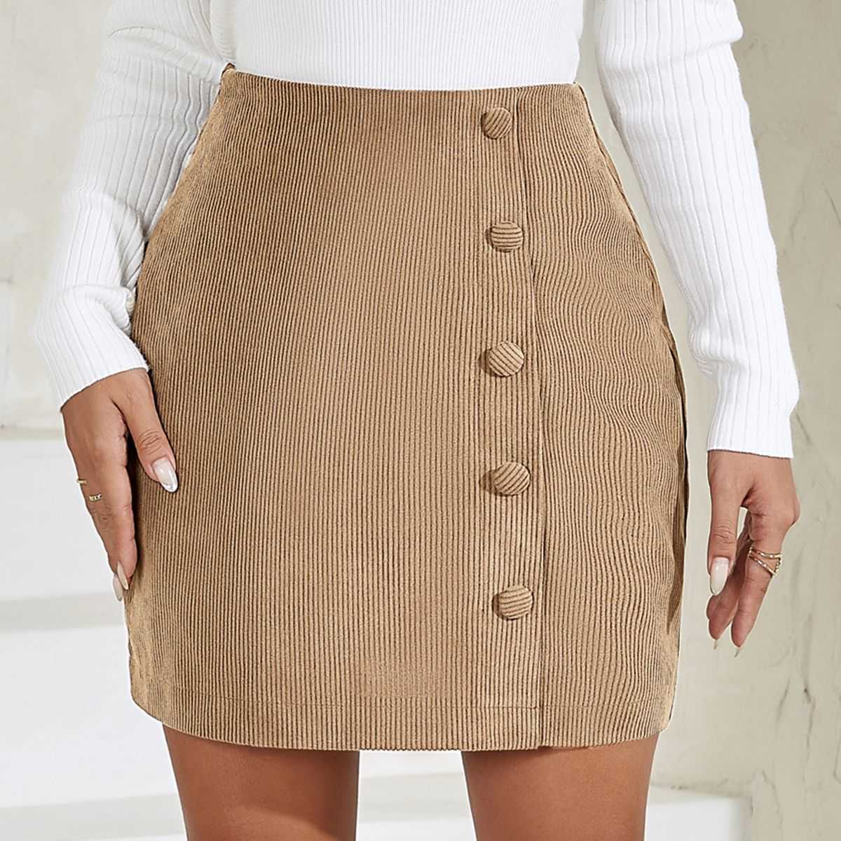 WoMens Corduroy Half Short Skirt Autumn Winter Solid Color Hip-hugging Skirt Cloth Buckle Zipper Skirt High Waist Slimming Hip Skirt 241023