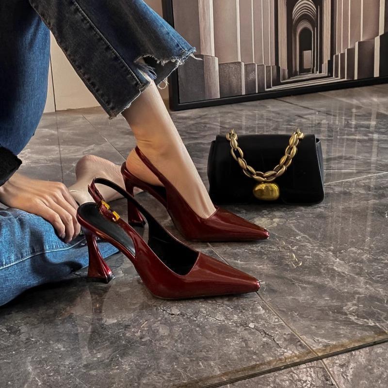 Women's New Wine Red Versatile Slim Heeled Pointed High Heels.