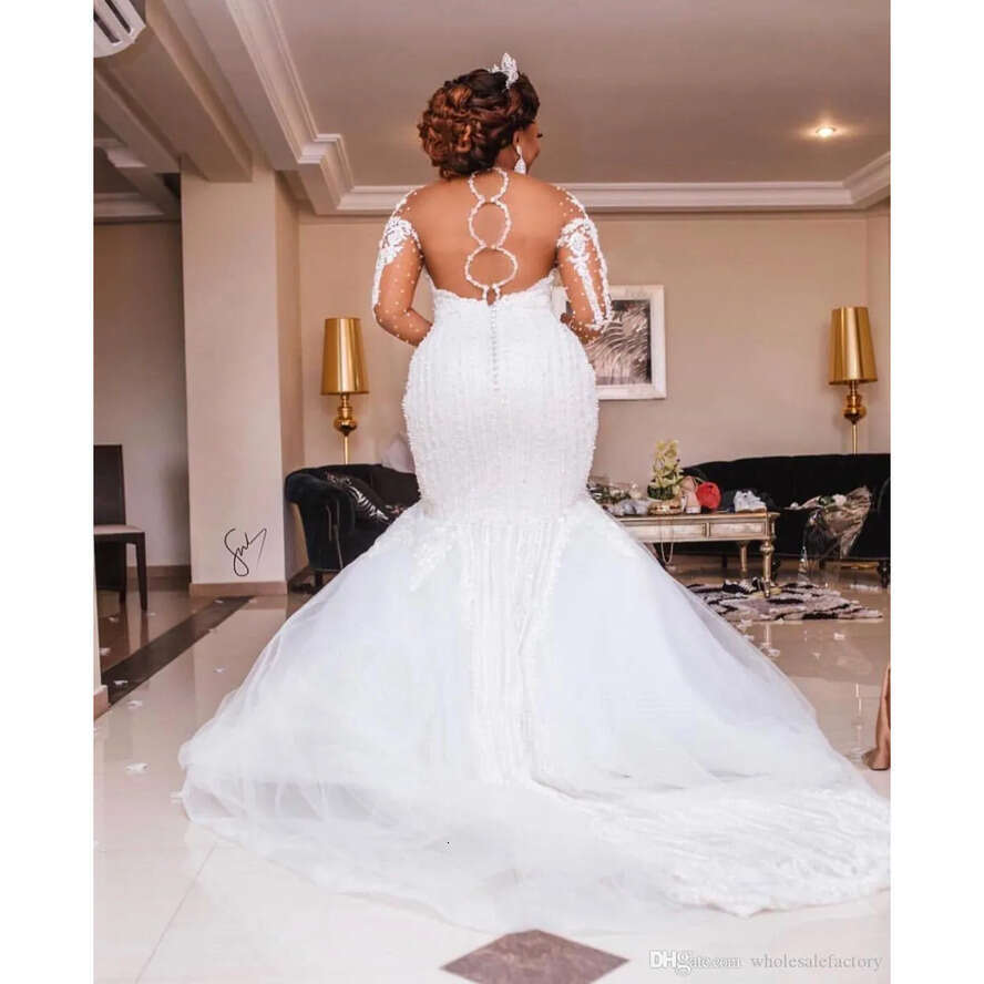 Beading Mermaid Dresses Long Sleeve Appliques Pearls African Wedding Gowns Plus Size Bridal Vestido De Noiva Bce