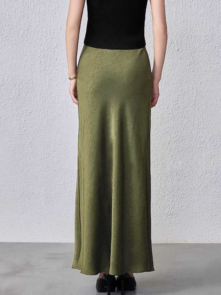 WoMens Hip-hugging Skirt Satin Half Skirt High Waist Elastic Hand Grip Pattern Long Dress Elegant Solid Color Long Dress Women Adult Length Skirt 2410