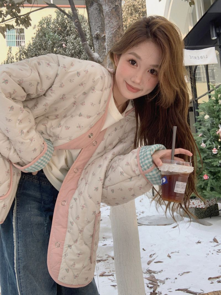 Korejepo Cotton Padded Thickened Clothes Women Winter 2024 New Retro Rhombus Coat Sweet Ral Age Reducing Jacket