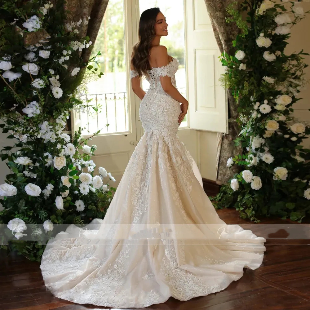 Boho Lace Mermaid Wedding Dresses Off Shoulder Long Dark Ivory Bridal Gowns Appliques Court Trian Country Vestido De Novia Back Lace-Up 2025 Spring