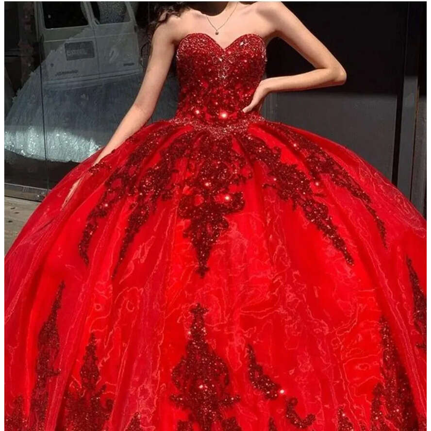 Organza Red Sweet Quinceanera Dresses Sequined Applique Beaded Sweetheart Tulle Layered Ruffles Pageant Dress Mexican Girl Birthday Gowns Bc