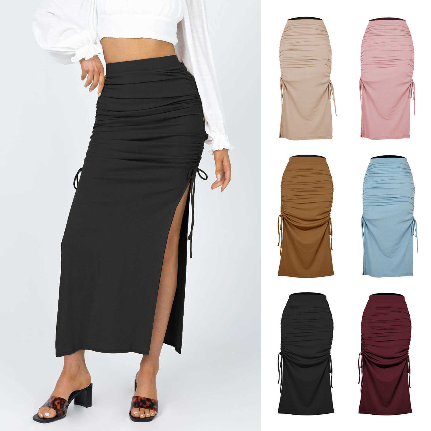 Women Long Skirt Split Knit Slim Skirt Fashion Pleated Lace Up Sexy Hip Wrap Dress WoMens Dress Career Skirts 241023