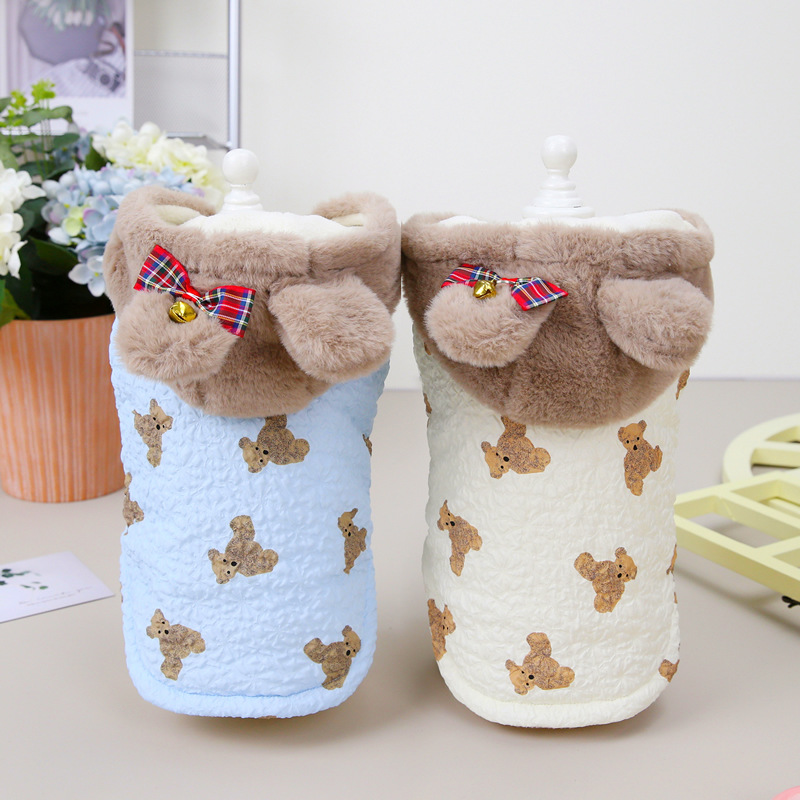 Classic Dog Coat Warm Pet Clothes in Autumn Winter Bear Priting Dog Jacket with Hat Fleece Lined