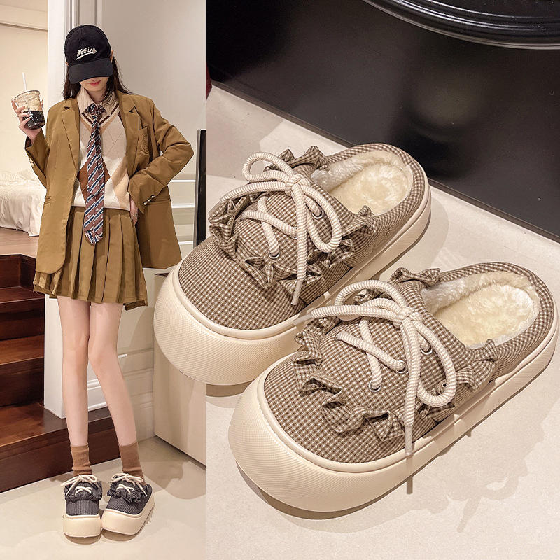 Female Lace Up Lotus Leaf Edge Toe Cotton Slippers.