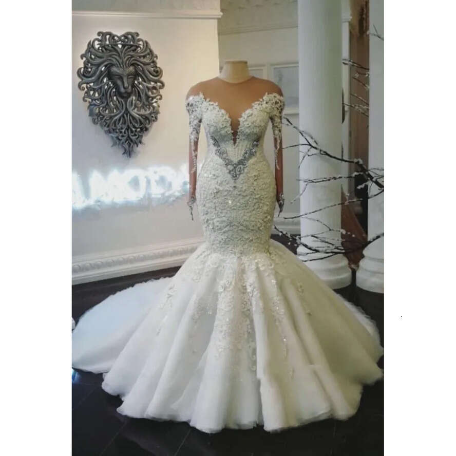 Glamorous Mermaid Lace Applique Crystal Beaded Wedding Dresses Sheer Neck Long Sleeve Bridal Gown Zipper Back Sweep Train