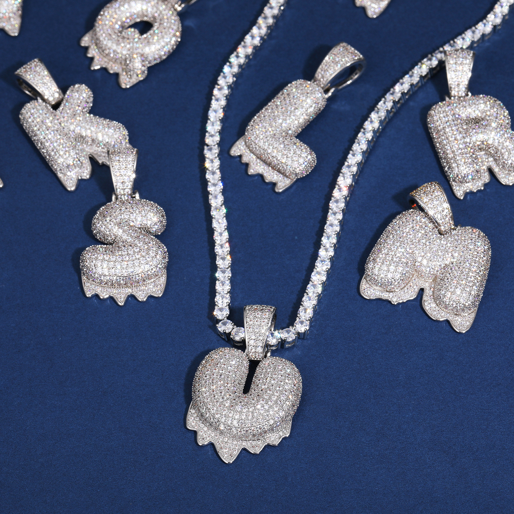 Sterg Sier Bubbler Letter Pendant Micro Paved VVS Moissanite Dia Iced Out Drip Initial Bg Hip Hop Men