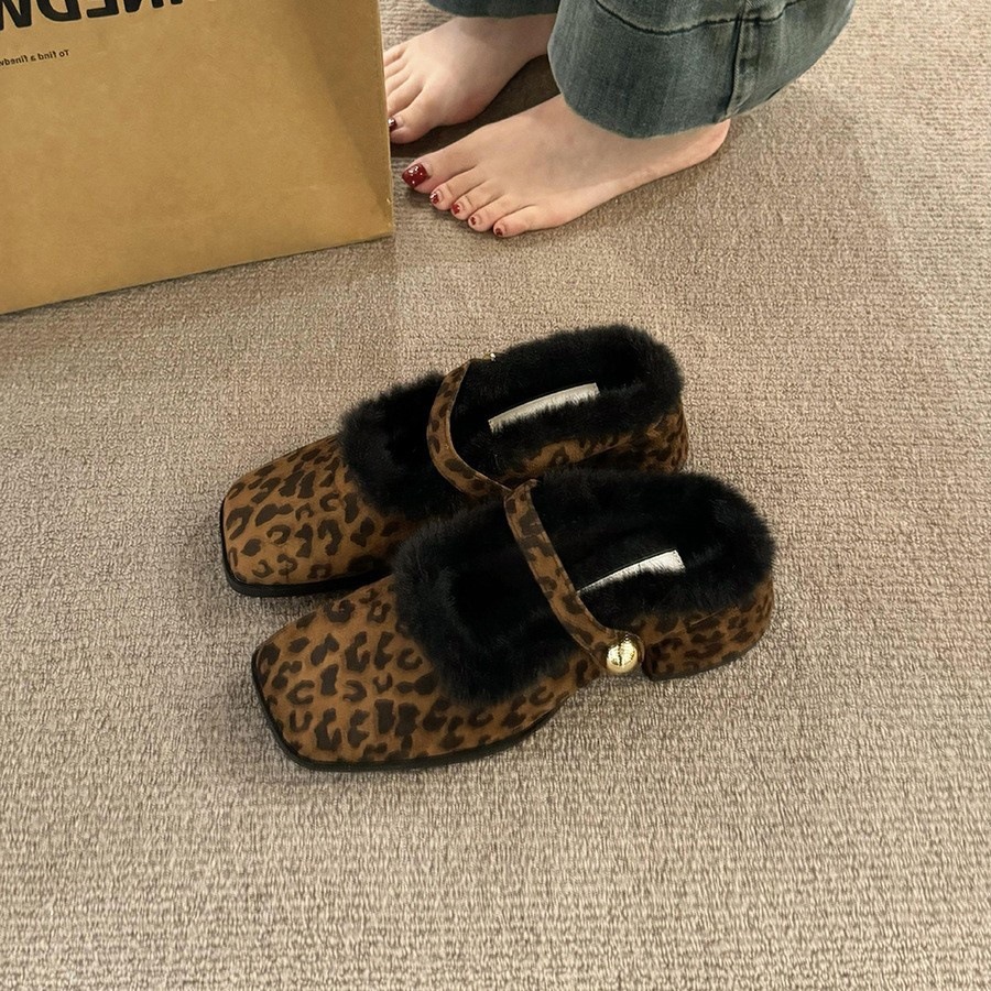 Women's Fashion Slippers:Chunky Heel Increase Height 2024 Winter New Trendy French Retro Fleece Warm,Leopard Print/Black/Brown,Free shipping