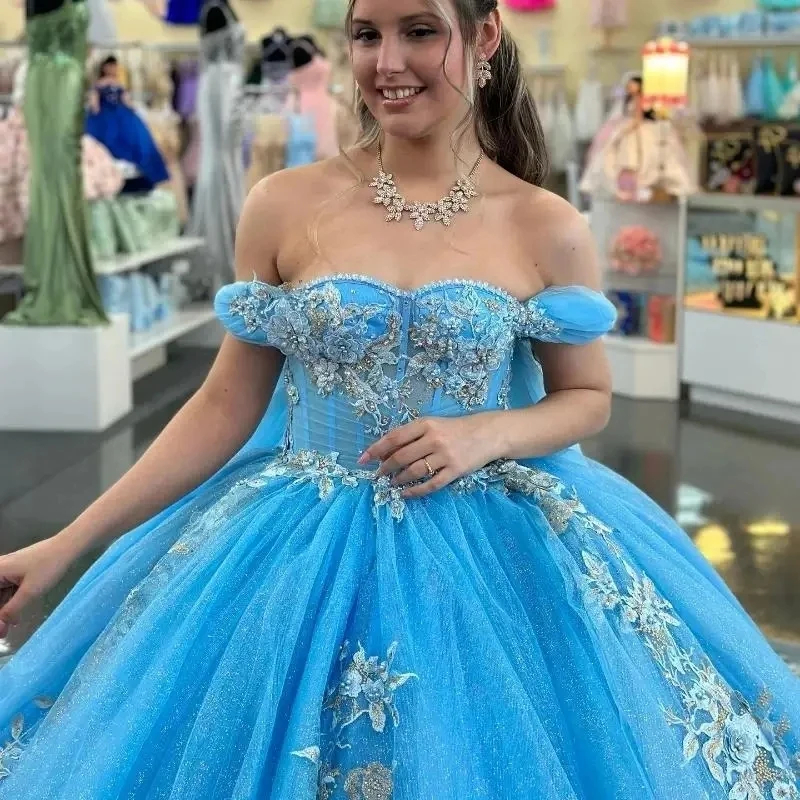 Sky Blue Princess Quinceanera Dresses Off The Shoulder Sweetheart Neck Long Tulle Ball Gown Sweet 16 Dress Corset Open Back Prom Special Occasion Gown