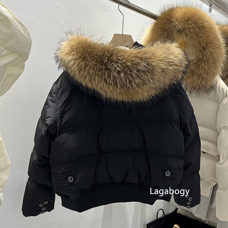 Lagabogy 2024 Winter Women Short Down Jacket Large Real Raccoon Fur Hooded Loose Puffer Coat Thick Warm Windproof Outwear
