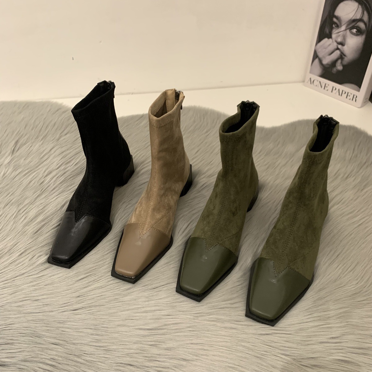 Women's Fashion Boots:High Heel Chunky Heei Simple Design Square Toe Short Boots,Black/Green/Khaki,Free shipping