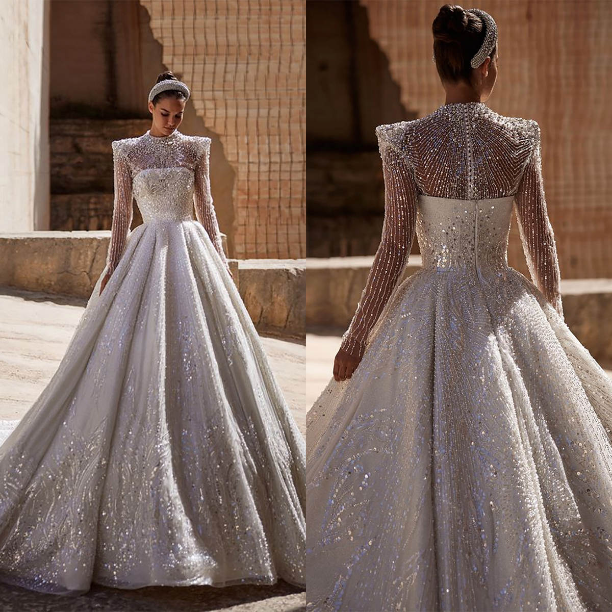 Glamorous Wedding Dresses Pearls Bride Gown Sequins Beading A E Bridal Dress Sheer Long Sleeves Custom Made Vestidos De Novia 0219