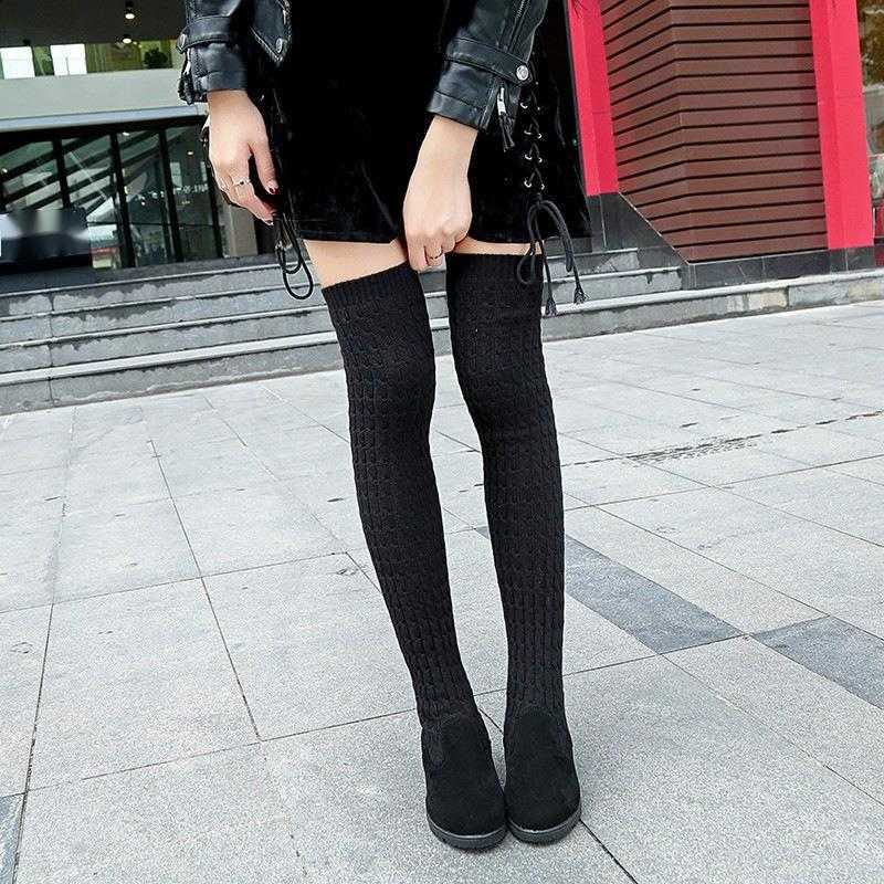 CMM Elastic Slim Boots for Women Autumn and Winter New Knitted Yarn High Tube Flat Bottomed Knee High Tube Boots Elastic Boots